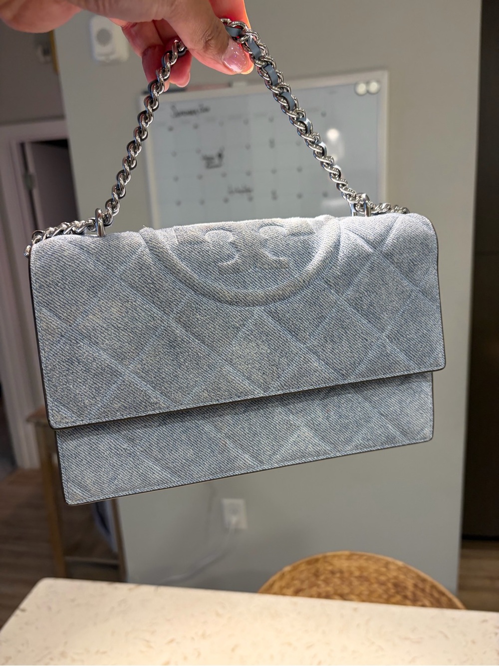 Tory Burch Light Gray Quilted Shoulder Bag with Silver Chain